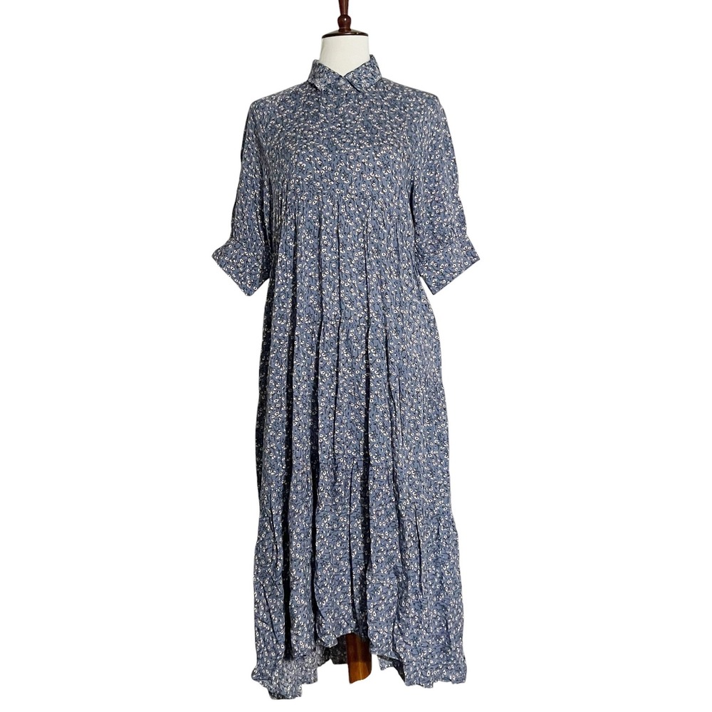 Natural Life Blue Floral Tiered Maxi Dress Button Front Short Sleeve Pockets S